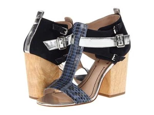 Elizabeth and James Carri Tacón Azul Multi Serpiente Sandalias Tacón Madera Negro Plata - Imagen 1 de 6