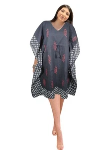 Womens Black Cotton Kimono Kaftan Dress Short Travel & Loungewear Tunic S-XL - Picture 1 of 4
