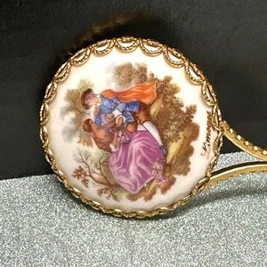 Espejo Limoges Petite 4 1/2" de porcelana pintada a mano tono dorado de colección - Imagen 1 de 6