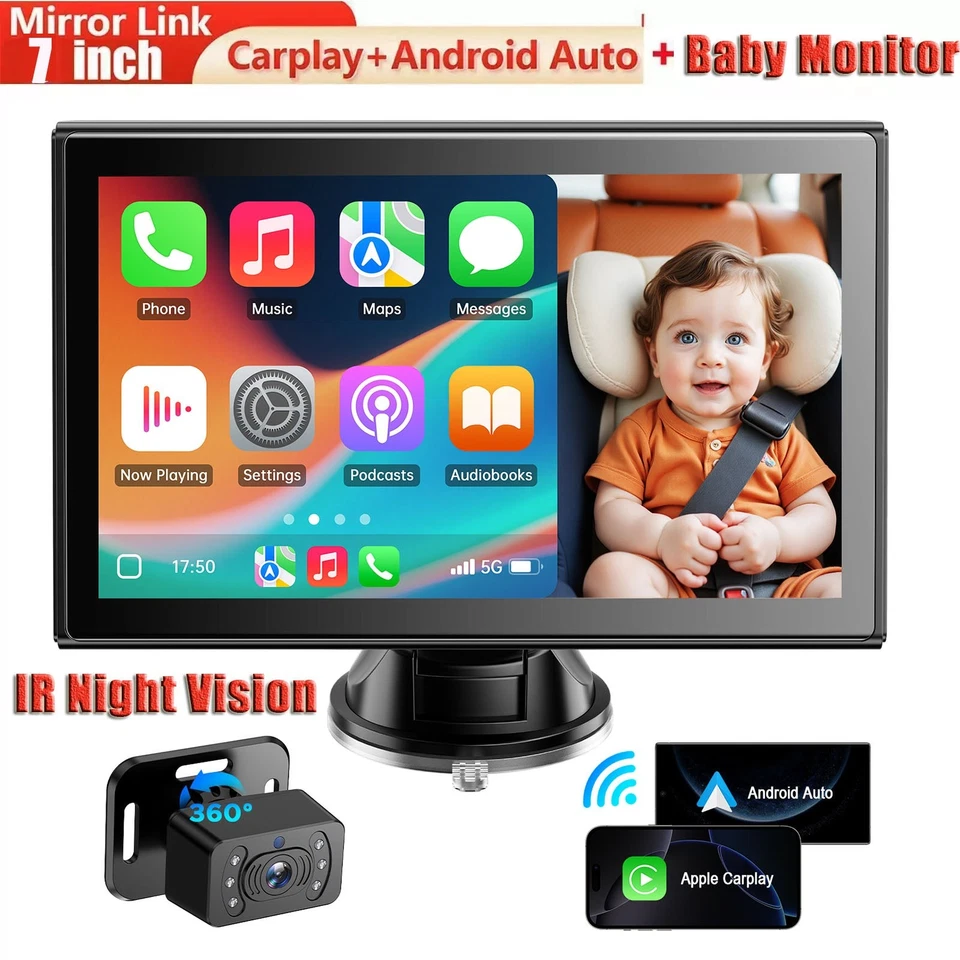2025 New 7" Touch Screen Baby Car Camera HD 1080P with Wireless Apple Carplay - Image 1 of 4