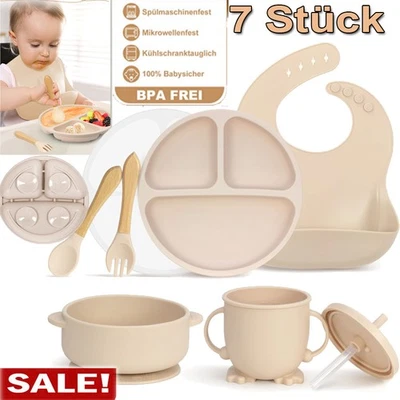 7IN1 Tasse Silikon-Geschirr Lätzchen Sauger Schüssel Kinder Geschirr Set Baby - Bild 1 von 4