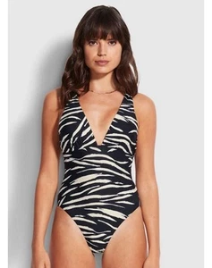 Nuovo con etichette $148 taglia 10 US Seafolly pelle scollo a V profondo pezzo unico nero - Foto 1 di 7