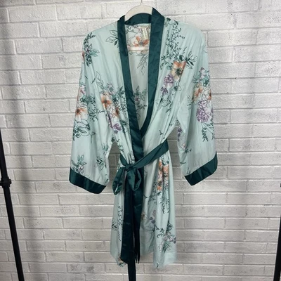 Soma Mint Botanical Floral Kimono Robe Womens L/XL Satin Trim Cottagecore - Image 1 of 4