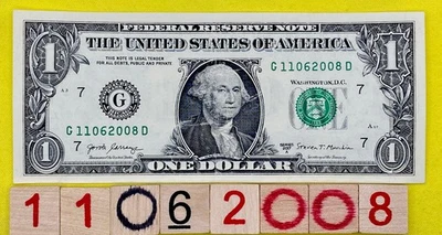 November ￼6 2008￼ Birthday Date Note 11062008 Fancy Serial Number $1 Dollar Bill - Image 1 of 4
