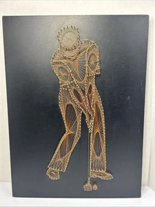 Vintage Mid Century 3D Schnur Draht Kunst Nagel Mann Golf Golf Wand Dekor 24x18 - Bild 1 von 10