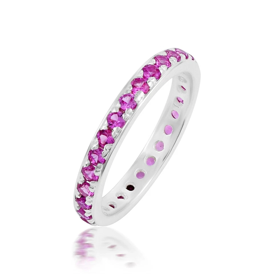 Anillo de banda de oro blanco sólido de 14k natural zafiro rosa piedras... - Imagen 1 de 4
