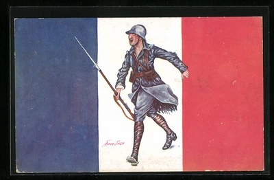 Künstler-AK Xavier Sager: französischer Soldat, Fahne  - Bild 1 von 2