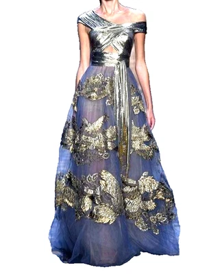 $11,000 Vestido Largo de Baile MARCHESA Couture Pasarela Azul Tul Bordado 12 Foto 1 de 4