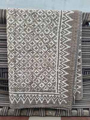 Indian Handmade Kantha Quilt Hand Block Print King Size Gray Bedspread Blanket - Image 1 of 4