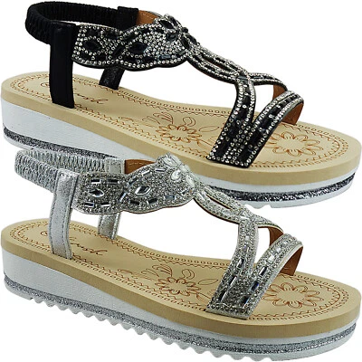 Womens Ladies Low Wedge Cushioned Diamante Slingback Open Toe Sandals Shoes Size - Image 1 of 4
