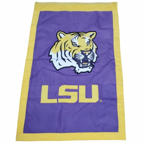 LSU Tiger Head 2-sided 28x44 Embroidered Banner Flag "LSU!" Purple & Gold Cover