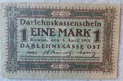 1 mark Kowno 1918 banknote Darlehnskasse Ost note Germany, P-R128 - Image 1 of 2