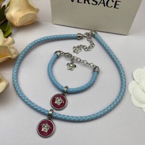 Medusa Charm Braided Rope Bracelet & Necklace Set Aqua Blue All Set