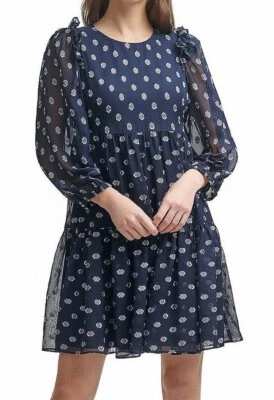 Calvin Klein Geometric Fit Flare Dress Navy Metallic Sz 4 Sheer Ruffles Lined - Image 1 of 4