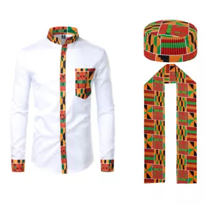 Conjunto de ropa con estampado de Kent africano de 3 piezas con camisa abotonada sombrero mullido bufanda - Imagen 1 de 24