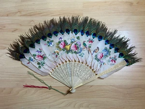 19th century ANTIQUE CHINESE Hand FAN, CARVED BOVINE BONE FEATHER, - Picture 1 of 10