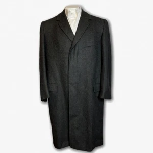VTG Hickey Freeman Concealed Buttons British Fabric Tweed Top Coat Sz 39 R Black - Picture 1 of 9
