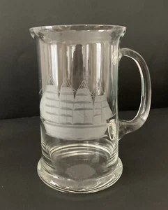 Vtg Toscany Hand Blown Crystal Beer Mug Glass Etched Ship Romania 6" MINT - Picture 1 of 9