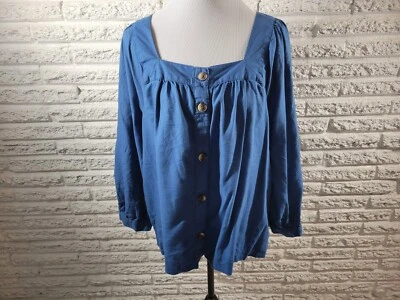 Top para mujer St Johns Bay XXL Plus manga larga cuello cuadrado abotonado informal azul Foto 1 de 4