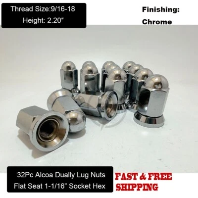 32 Chrome 9/16-18 Alcoa Wheels Dually Lug Nuts For 1994-2011 Dodge Ram 2500 3500 - Image 1 of 4