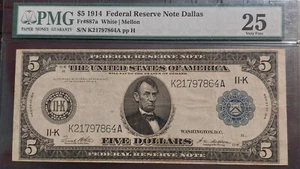 1914 FR-887a ✰ Type A Faceplate ✰ $5 Bill Dallas PMG 25 LARGE SIZE Horseblanket - Picture 1 of 2