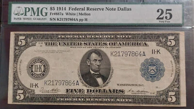 1914 FR-887a ✰ Type A Faceplate ✰ $5 Bill Dallas PMG 25 LARGE SIZE Horseblanket - Image 1 of 2