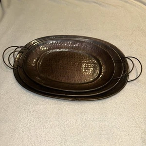 3 SOLID COPPER OVAL SERVING TRAY W/ BRASS HANDLES - Picture 1 of 11