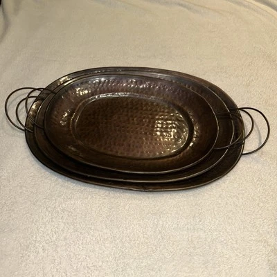 3 SOLID COPPER OVAL SERVING TRAY W/ BRASS HANDLES - Image 1 of 4