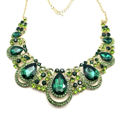 Collar Estrás Verde Esmeralda Declaración Ornamentado Tono Dorado Novia 18" Foto 1 de 4