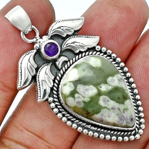 Premium Quality Peace Jade & Amethyst 925 Sterling Silver Pendant Jewelry P-1740 - Picture 1 of 5