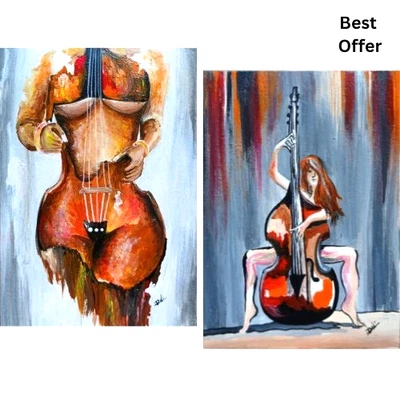 02 Pcs ACEO Original Lady Figure Music Body Violin Acrylic Art Set Painting NEW - Image 1 of 4