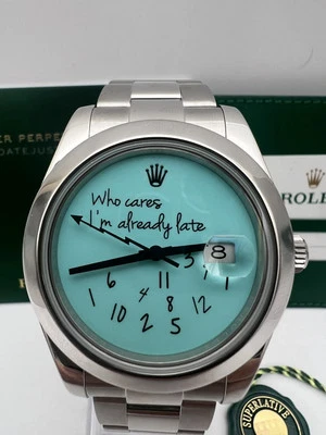 Rolex Datejust 41mm 116300 Who Cares I'm Already Late Turquoise Dial Hands Card - Image 1 of 4