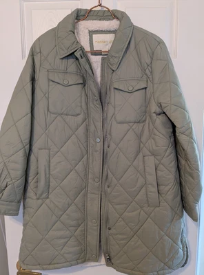 MADDEN GIRL GREEN COAT, SIZE LARGE, FAUX FIR LINING, BUTTONS & ZIPS - Image 1 of 4