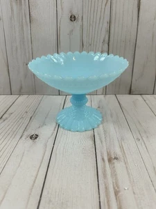 Vintage Powder Blue Milk Glass Blue Satin Compote Candy Dish MCM Diamond Cut HTF - Picture 1 of 10