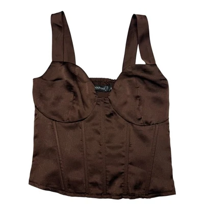 Boohoo Top Mujer 0 Marrón Chocolate Corto Satén Corsé Salir Fiesta Concierto Foto 1 de 4