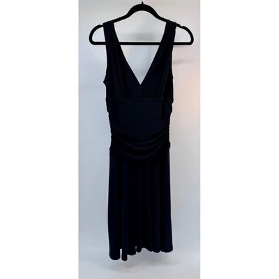 Sleek Black Ruched V-Neck Sleeveless Midi Dress Women's Elegant Cocktail Party - Image 1 of 4
