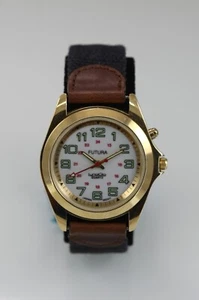 Montre Futura homme acier inoxydable doré cuir marron noir nylon WR quartz blanc - Photo 1 sur 6