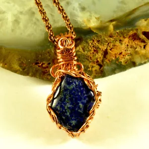 Lapis Lazuli Crystal Pendant Copper Wire Wrapped Authentic Gemstone Jewelry - Picture 1 of 3