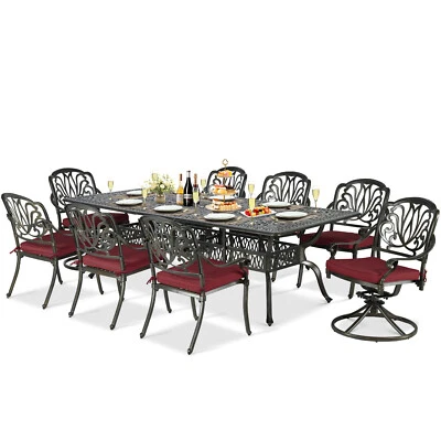 Juego de mesa y sillas rectangulares para 8 muebles de patio de exterior de aluminio fundido de 9 piezas Foto 1 de 4