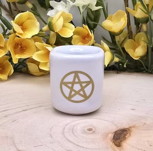 WHITE .5 inch Diameter Ceramic Chime Candle Holder With Gold Pentagram - Picture 1 of 10