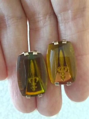 Gemelos Iridiscente Reverso Pintado Tallado Vintage Lanza Espada Color Ámbar Vidrio Foto 1 de 4