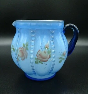 Vtg Fenton Handpainted Blue Floral Jug / White Interior by C.Griffiths 5 1/2" H - Picture 1 of 12