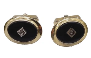 Anson Gold Tone with Black Onyx & Crystal Chip Center Vintage Dressy Cufflinks - Picture 1 of 14