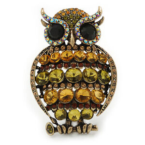Large Vintage Inspired Crystal Owl Brooch/ Pendant In Bronze Tone (Olive,