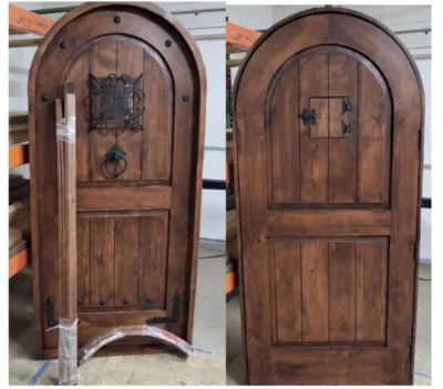 Rustic solid alder lumber arch door plank wood wine cellar castle iron storybook - Image 1 of 4