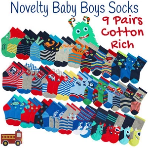 9 Pair Newborn Baby Boys Cotton Rich Socks Bundle Novelty Cars Space Dinosaur UK - Picture 1 of 13