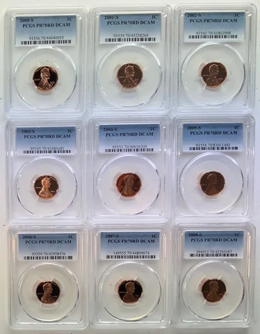 2000, 2001, 2002 - 2007, 2008 "S" 9 Coin PCGS 70 RD DCAM Proof Lincoln Cent Set Cover