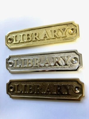 LIBRARY Door Sign NAME PLATE + SCREWS SOLID POLISHED BRASS ANTIQUE BRONZE NICKEL - Image 1 of 4