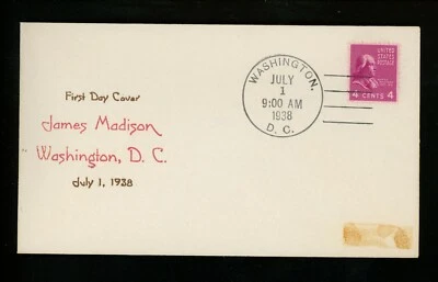 US FDC #808 Louis Nix M-26 1938 Washington DC 4 Cents James Madison Prexy Prexie - Image 1 of 2