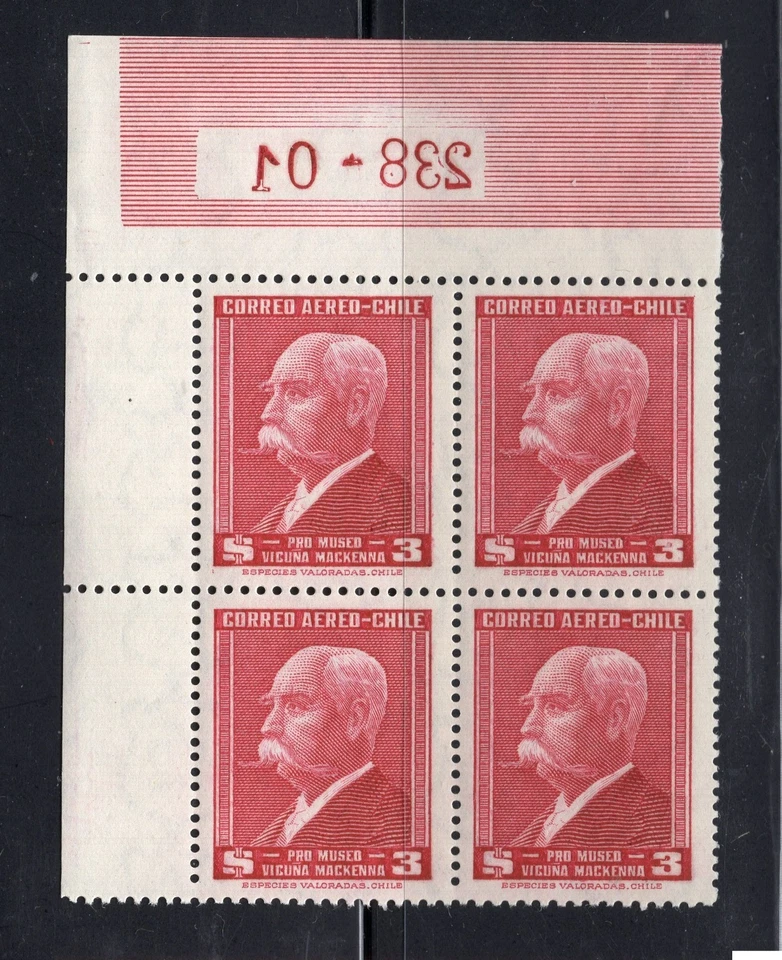 CHILE 1949 Vicuña Mackenna 3p red MNH block of 4 top left corner sheet - Image 1 of 1